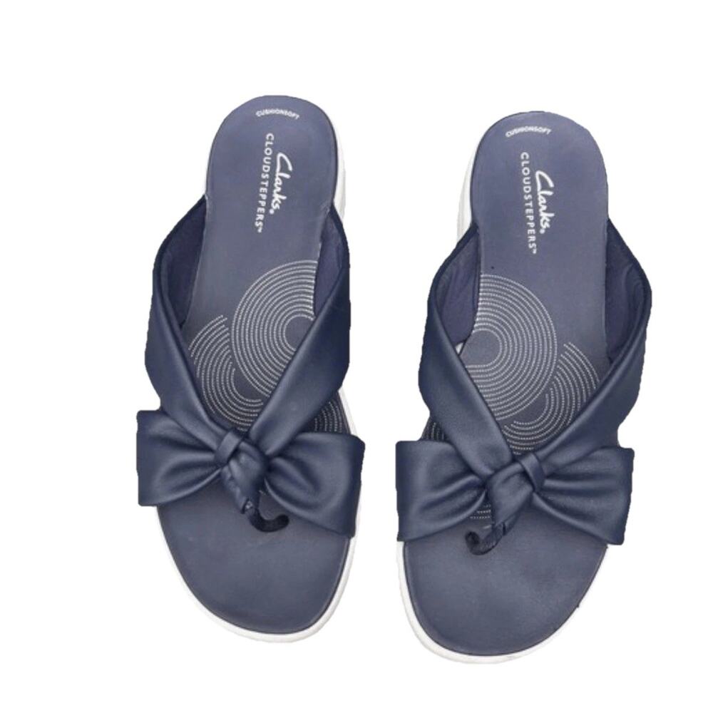 Clarks Cloudsteppers Drift Ave Navy Blue Wedge Slip On Sandals Size 10 Wide NEW